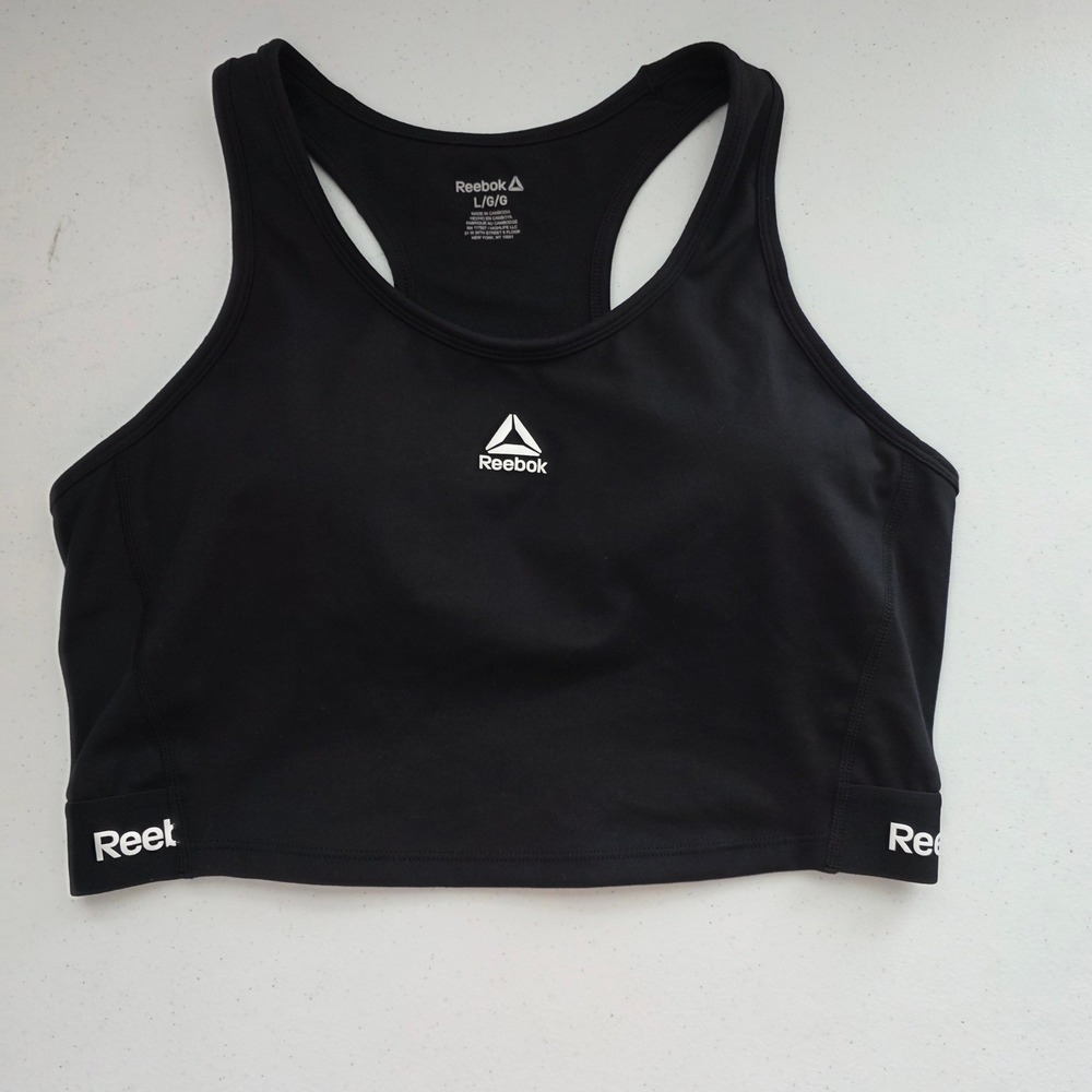 Reebok Sports Bra Womens Large Black Excellent Racerback Logo Activewear